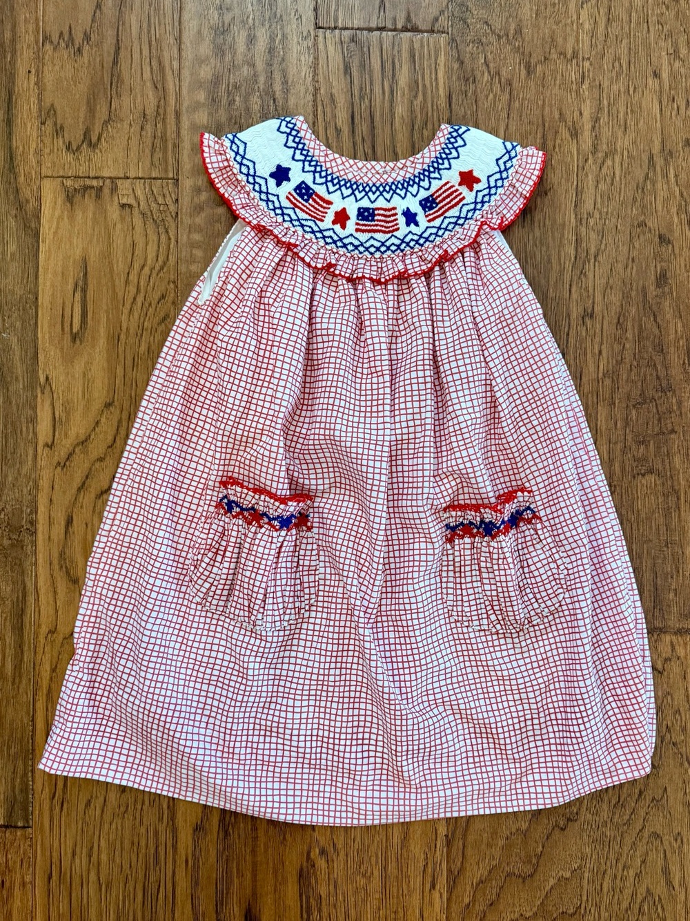 Smockingbird Flags and Stars Smocked Red Windowpane Dress